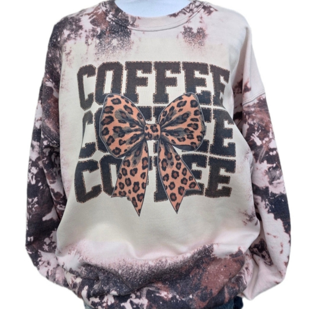 Leopard Bow Coffee Cowhide Bleached Sublimation Sweatshirt